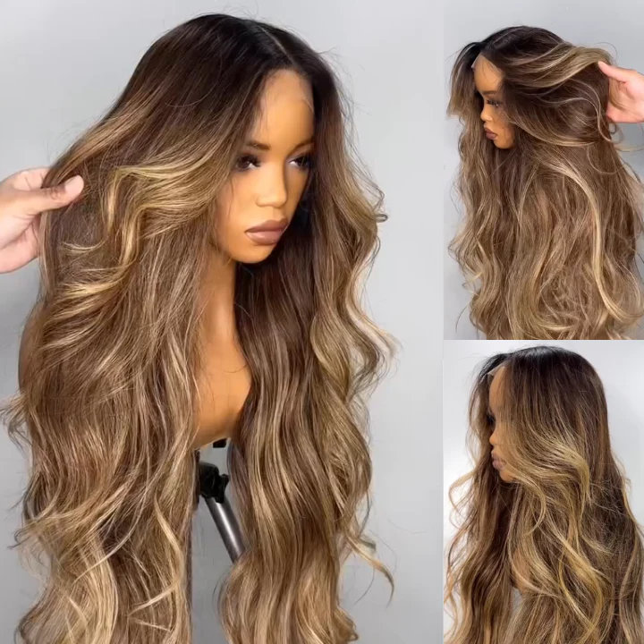 Amanda Highlight Honey Blonde Mix Brown Loose Wave Glueless 13x4 HD Transparent Pre Everything Lace Front Human Wigs