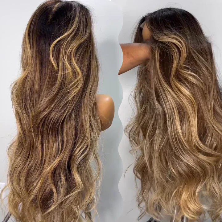 Amanda Highlight Honey Blonde Mix Brown Loose Wave Glueless 13x4 HD Transparent Pre Everything Lace Front Human Wigs - Image 2