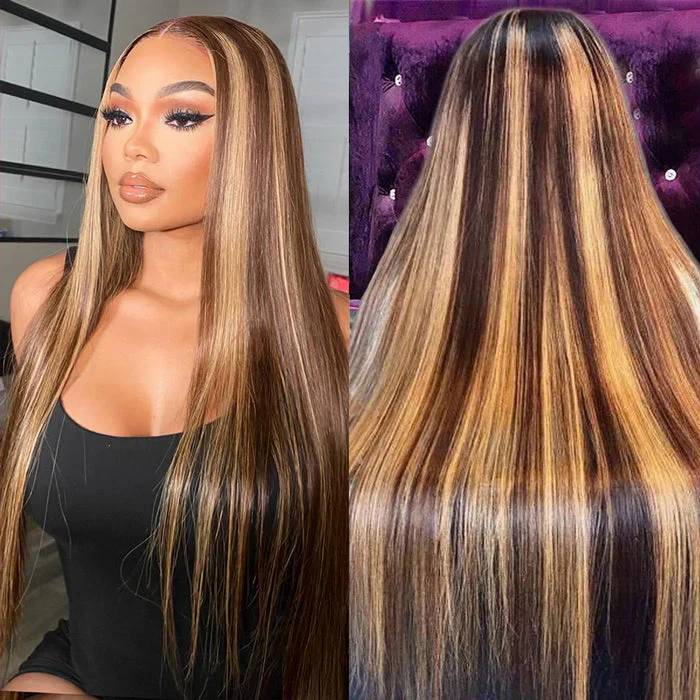 Honey Blonde Highlight Wig Straight Glueless Put On and Go Lace Front Human Hair Wigs 180% Density - Image 2