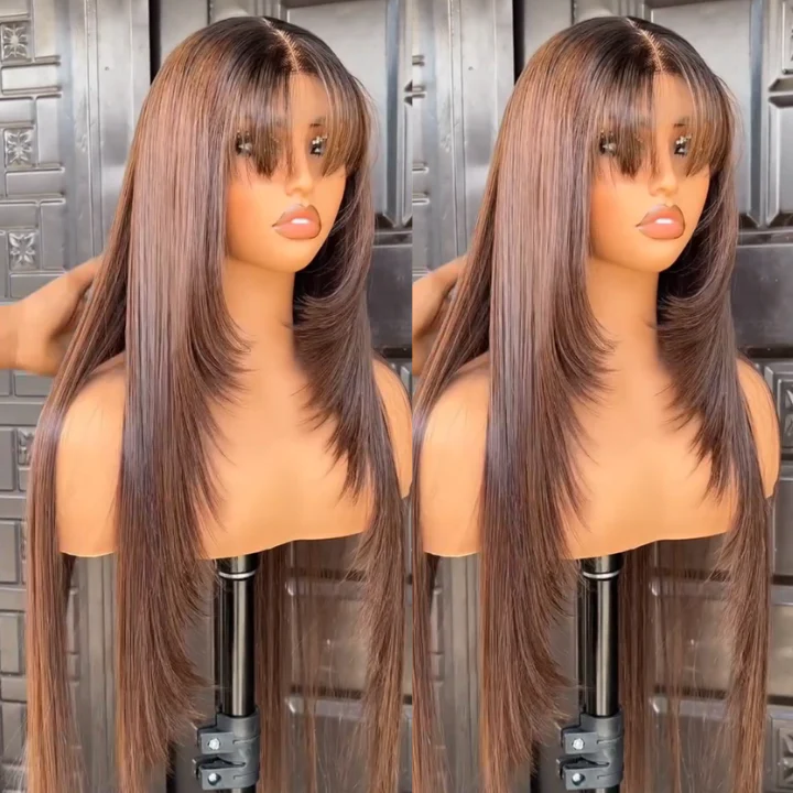 Layered Cut Brown Brazilian Straight Hair Long Wigs with Curtain Bangs 7x5/13x4 Clear Lace Front Wigs-Amanda Hair