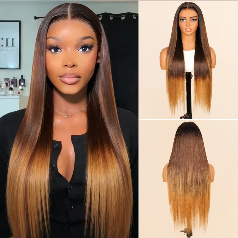 Luxury Yaki Straight 200% Density Dark Brown to Honey Blonde Ombre Color Glueless Human Hair Wig - Amanda Hair - Image 2
