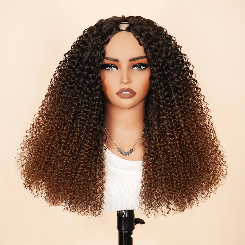 New V Part Wig Curly Chestnut Brown Ombre Color Glueless Human Hair Wig - Amanda Hair