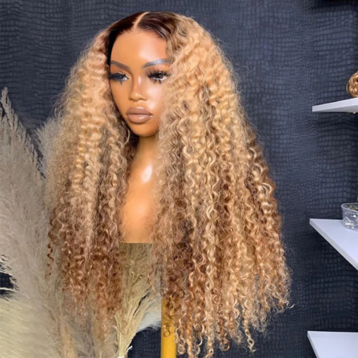 Pre-Everything Money Piece Highlight Deep Curly Glueless HD Lace Wig with Brown Roots - Image 4