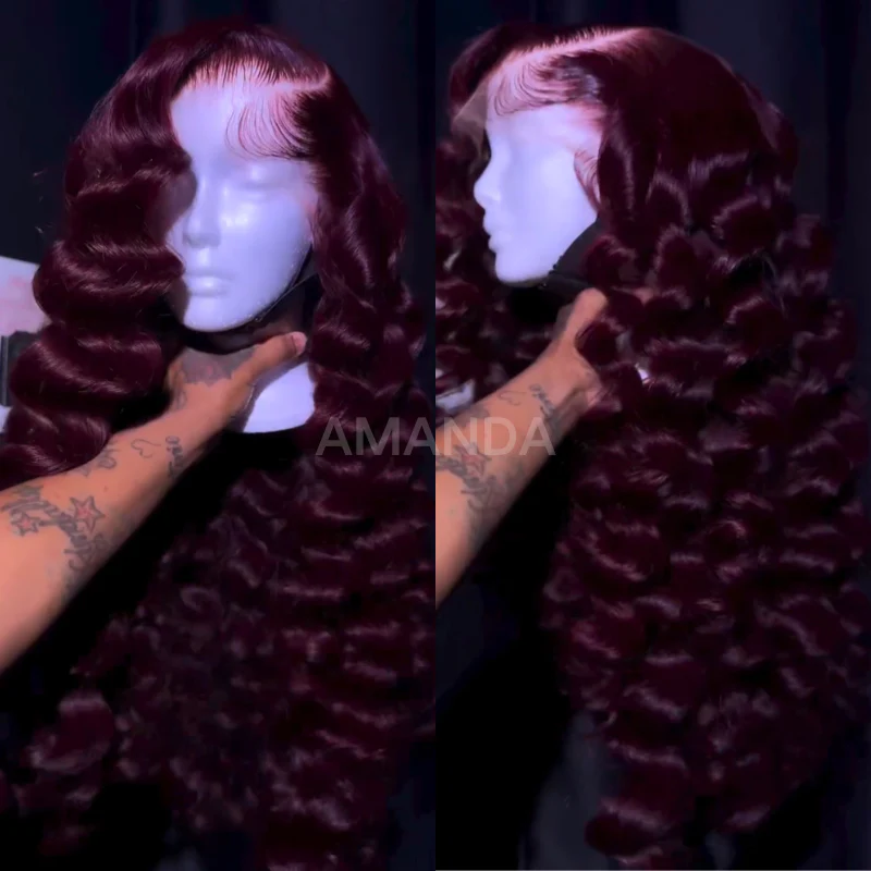Glueless Dark Purple 13x4 Lace Front 200% Density Double Drawn Cherry Burgundy Invisi Drawstring Human Hair Wigs - Image 3