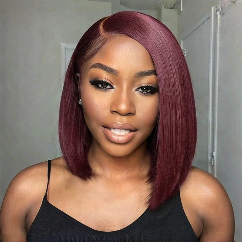 Short Bob 13x4 Lace Front Wig Burgundy 99J Straight Bob Wig 100% Human Hair For Black Women-Amanda Hair - Image 2