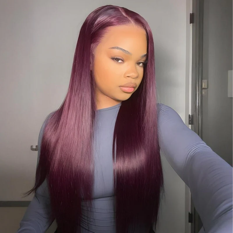Straight 7x5 / 13x4 Lace Frontal Glueless Dark Purple Cherry Burgundy Wig Invisi Drawstring Human Hair Wigs-Amanda Hair - Image 2