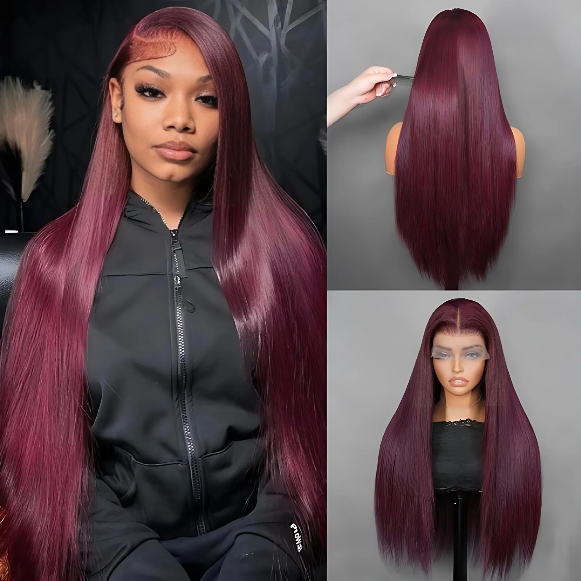 Straight 7x5 / 13x4 Lace Frontal Glueless Dark Purple Cherry Burgundy Wig Invisi Drawstring Human Hair Wigs-Amanda Hair - Image 5