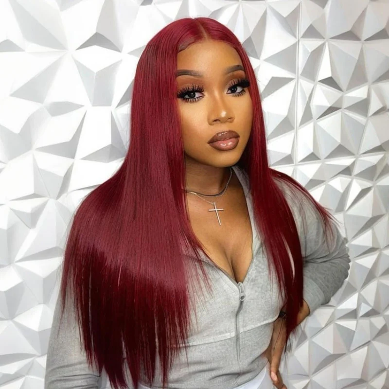 Straight Glueless 7x5 / 13x4 Lace Front Wig Pre Everything 99J Burgundy Red Colored Transparent Lace Human Hair Wigs- Amanda Hair - Image 4