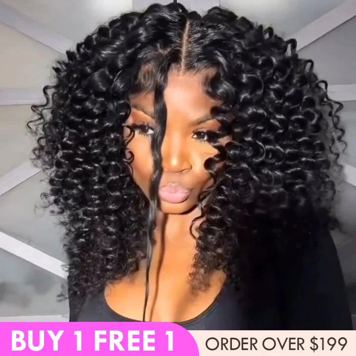 Super Bouncy Deep Curly Glueless Lace Wig Pre Cut Lace with Natural Hairline Mini Knots  Human Hair Clear Transparent Lace Front/Closure Wig Natural Black  - Amanda Hair