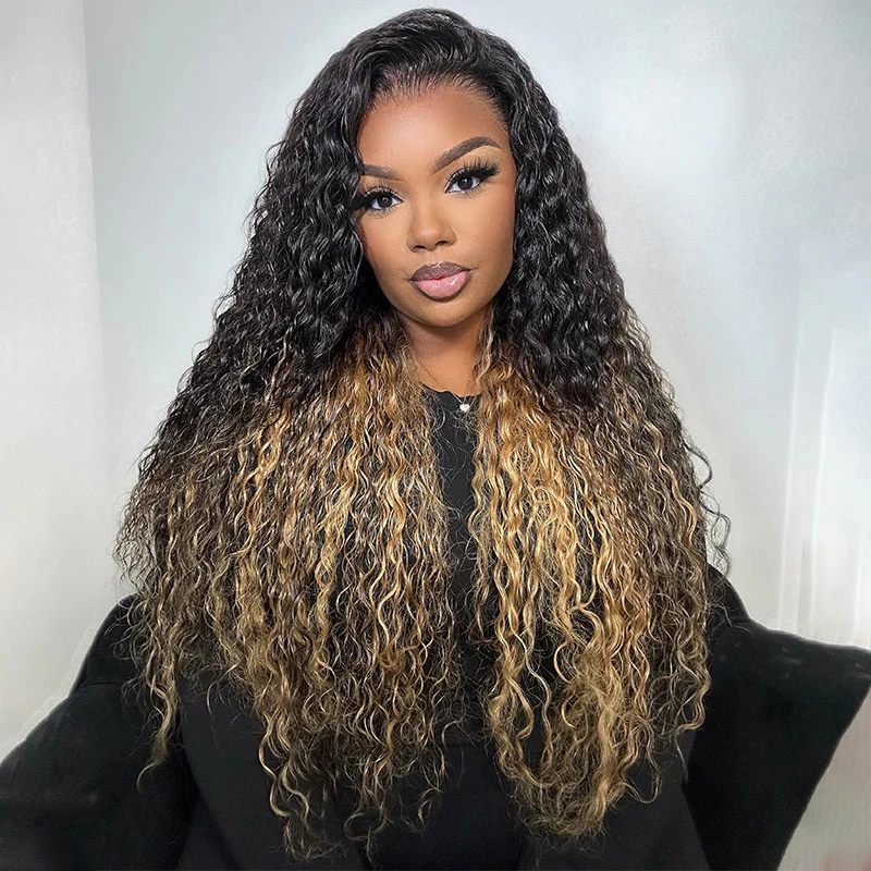 Two Tone Ombre Honey Blonde Glueless Curly Clear HD Lace Front Colored Wig - Image 2