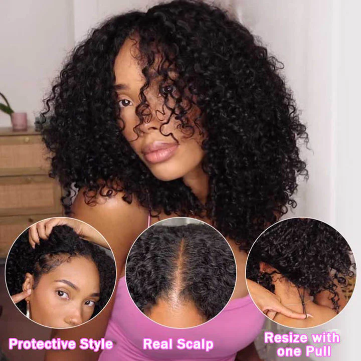 Upgrade V Part Jerry Curly Glueless Wig Invisi Drawstring Real Scalp Virgin Human Hair Flash Sale- Amanda Hair - Image 3