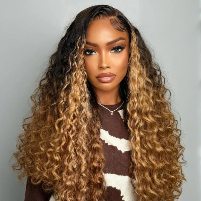 V Part Ombre Highlights Brown Water Wave Wig Hand-woven Invisible Drawstring Glue-free 100% Human Hair Beginner-friendly Flash Sale - Amanda Hair