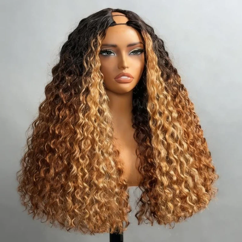 V Part Ombre Highlights Brown Water Wave Wig Hand-woven Invisible Drawstring Glue-free 100% Human Hair Beginner-friendly Flash Sale - Amanda Hair - Image 5