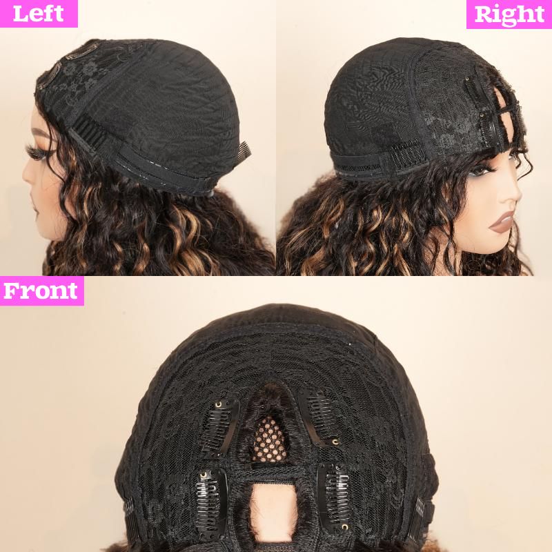 V Part Ombre Highlights Brown Water Wave Wig Hand-woven Invisible Drawstring Glue-free 100% Human Hair Beginner-friendly Flash Sale - Amanda Hair - Image 9
