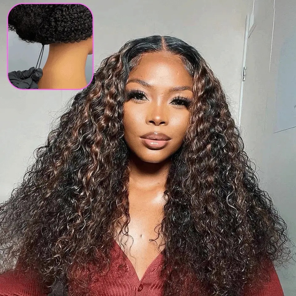 V Part Highlight Brown Water Wave Wig Handwoven Invisible Drawstring Glueless 100% Human Hair Beginner Friendly Flash Sale-Amanda Hair