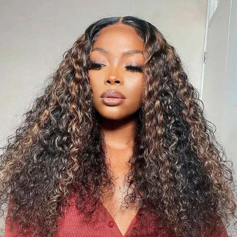 V Part Highlight Brown Water Wave Wig Handwoven Invisible Drawstring Glueless 100% Human Hair Beginner Friendly Flash Sale-Amanda Hair - Image 2
