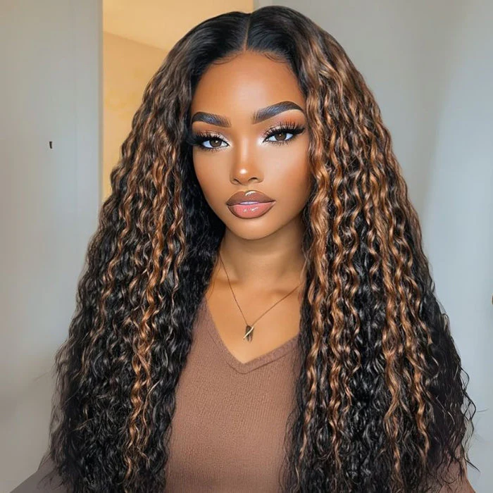 V Part Highlight Brown Water Wave Wig Handwoven Invisible Drawstring Glueless 100% Human Hair Beginner Friendly Flash Sale-Amanda Hair - Image 3