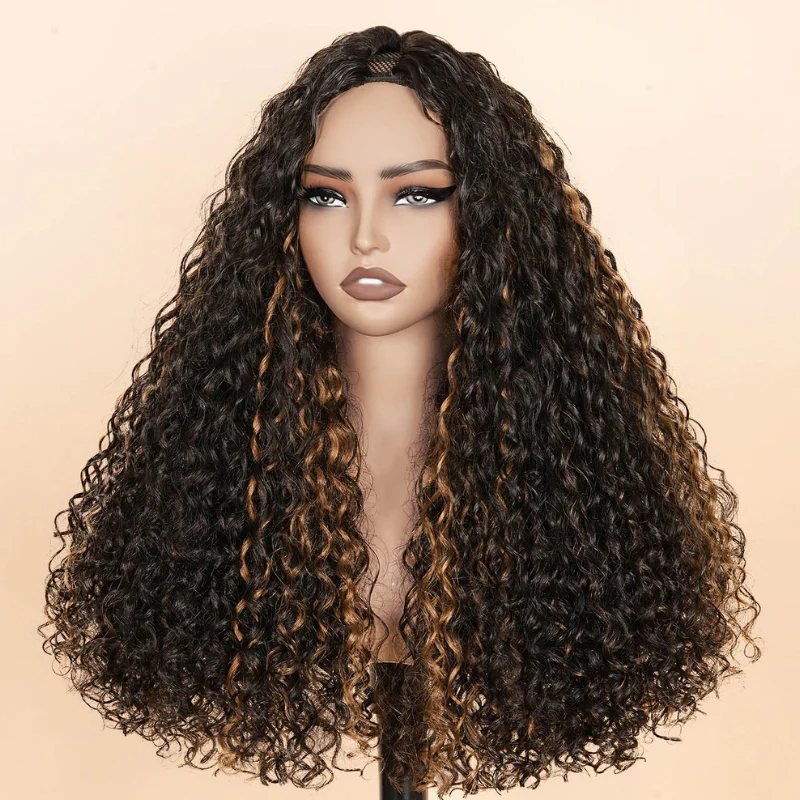 V Part Highlight Brown Water Wave Wig Handwoven Invisible Drawstring Glueless 100% Human Hair Beginner Friendly Flash Sale-Amanda Hair - Image 4