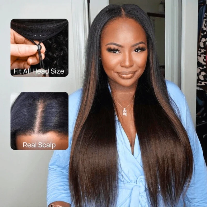 Yaki Straight New V Part Wig Chestnut Brown Ombre Color Glueless Human Hair Wig - Amanda Hair - Image 3